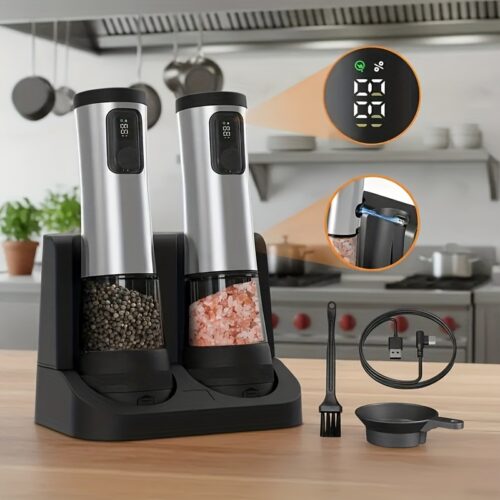 1pcu002F2pcs Automatic Electric Pepper & Salt Grinder - LED Display Stainless Steel Mill, External Coarseness Adjustment,