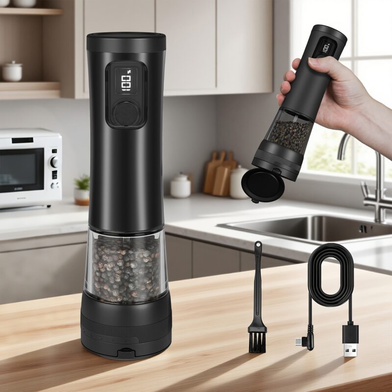 1pcu002F2pcs Automatic Electric Pepper & Salt Grinder - LED Display Stainless Steel Mill, External Coarseness Adjustment, Rechargeable Electric Pepper Mill, Upgraded Larger Capacity, One-Hand Operation, Perfect Gift for Home & Kitchen, Durable Kitchen Tool, Kitchen Grinder, Sleek Design, Highquality Build, Cooking Enthusiasts, Modern Kitchenware, Sturdy Construction, Cooking Hobbyists, Salt And Pepper Setu002Fmill, Kitchen Accessory