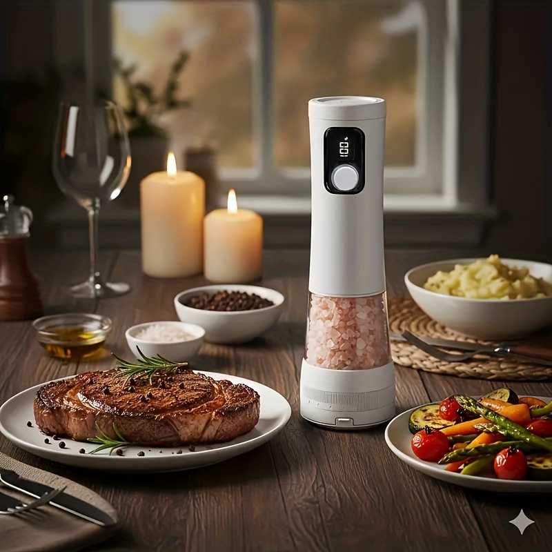 1pcu002F2pcs Automatic Electric Pepper & Salt Grinder - LED Display Stainless Steel Mill, External Coarseness Adjustment, Rechargeable Electric Pepper Mill, Upgraded Larger Capacity, One-Hand Operation, Perfect Gift for Home & Kitchen, Durable Kitchen Tool, Kitchen Grinder, Sleek Design, Highquality Build, Cooking Enthusiasts, Modern Kitchenware, Sturdy Construction, Cooking Hobbyists, Salt And Pepper Setu002Fmill, Kitchen Accessory