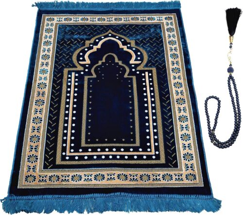 Prayer Mat Rug for Muslim Men. Women or Kids. Portable Praying Mat and Prayer Beads Sets for Islamic Gifts – Muslim Prayer Rug For Ramadan. Umrah. Hajj - Turkish Rug for Meditation and Worship (BLUE)