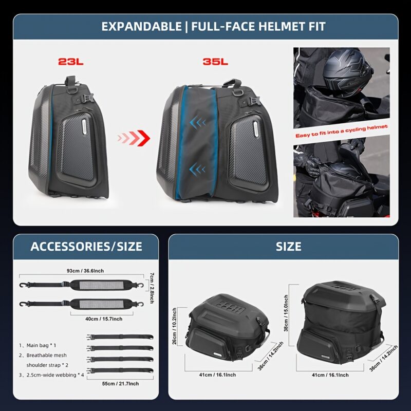 Rhinowalk 23L-35L Expandable Tail Bag: Hard Shell Waterproof Motorcycle Trunk & Backpack
