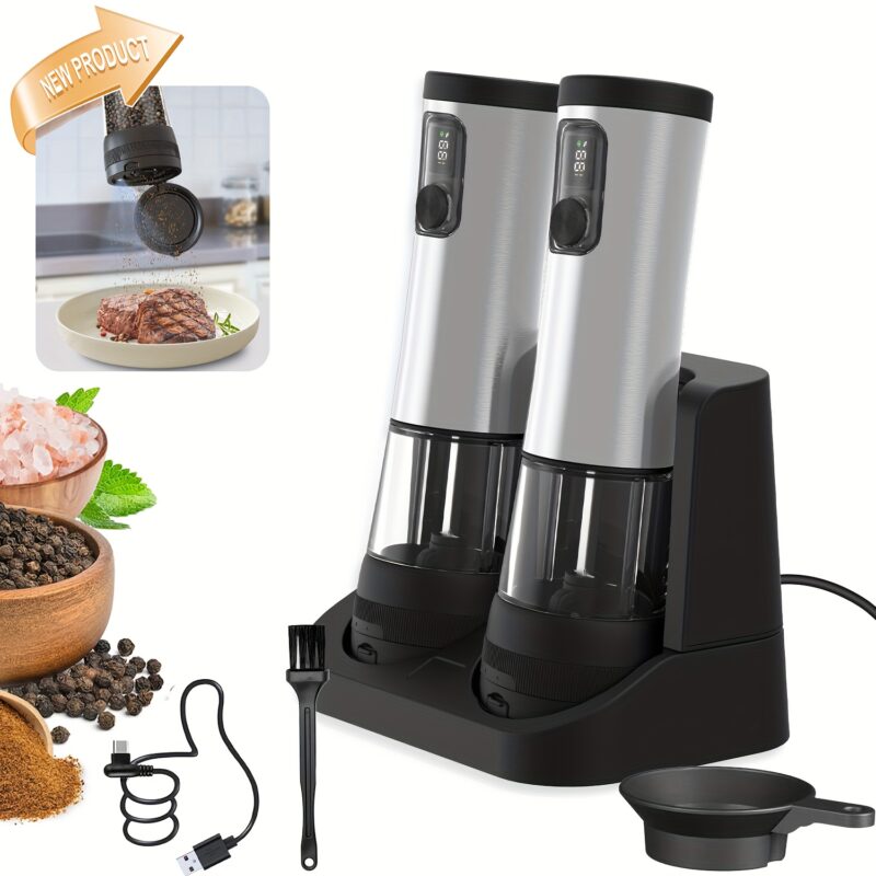 1pcu002F2pcs Automatic Electric Pepper & Salt Grinder - LED Display Stainless Steel Mill, External Coarseness Adjustment, Rechargeable Electric Pepper Mill, Upgraded Larger Capacity, One-Hand Operation, Perfect Gift for Home & Kitchen, Durable Kitchen Tool, Kitchen Grinder, Sleek Design, Highquality Build, Cooking Enthusiasts, Modern Kitchenware, Sturdy Construction, Cooking Hobbyists, Salt And Pepper Setu002Fmill, Kitchen Accessory