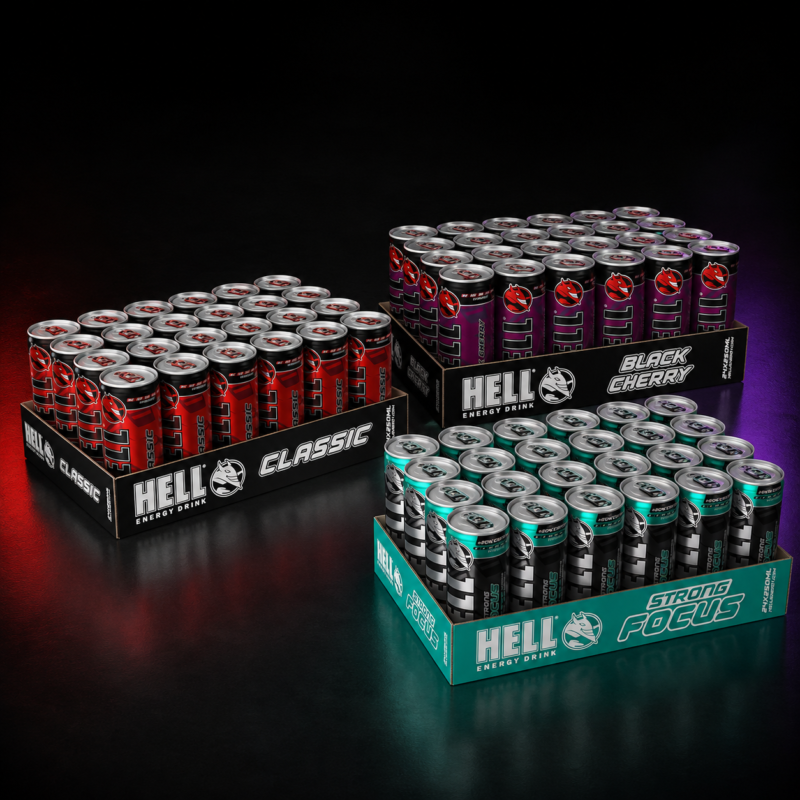 Hell Strong Focus mangó-, narancs- és tuttifrutti ízű szénsavas energiaital, 24 x 250 ml