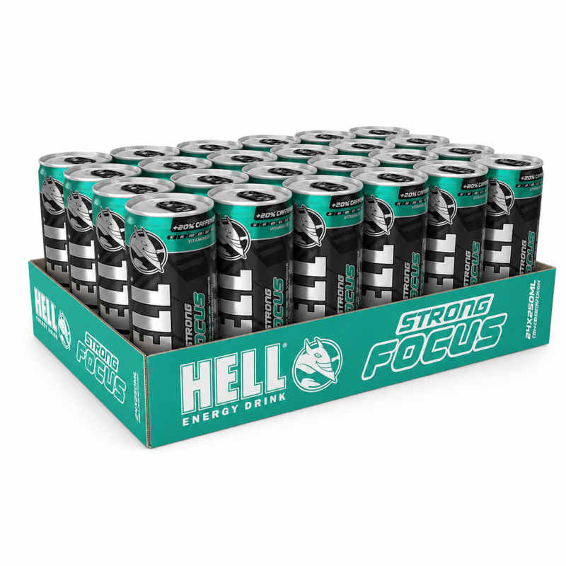 Hell Strong Focus mangó-, narancs- és tuttifrutti ízű szénsavas energiaital, 24 x 250 ml