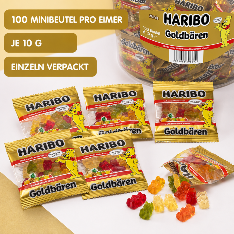 HARIBO Goldbären Minis – 100 Minibeutel Vorteilseimer