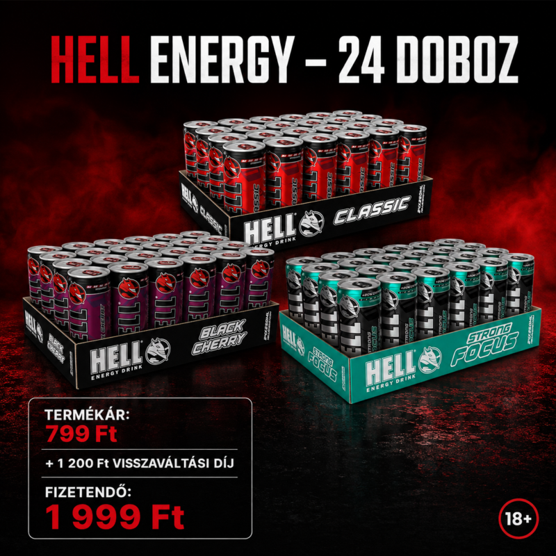 Hell Strong Focus mangó-, narancs- és tuttifrutti ízű szénsavas energiaital, 24 x 250 ml